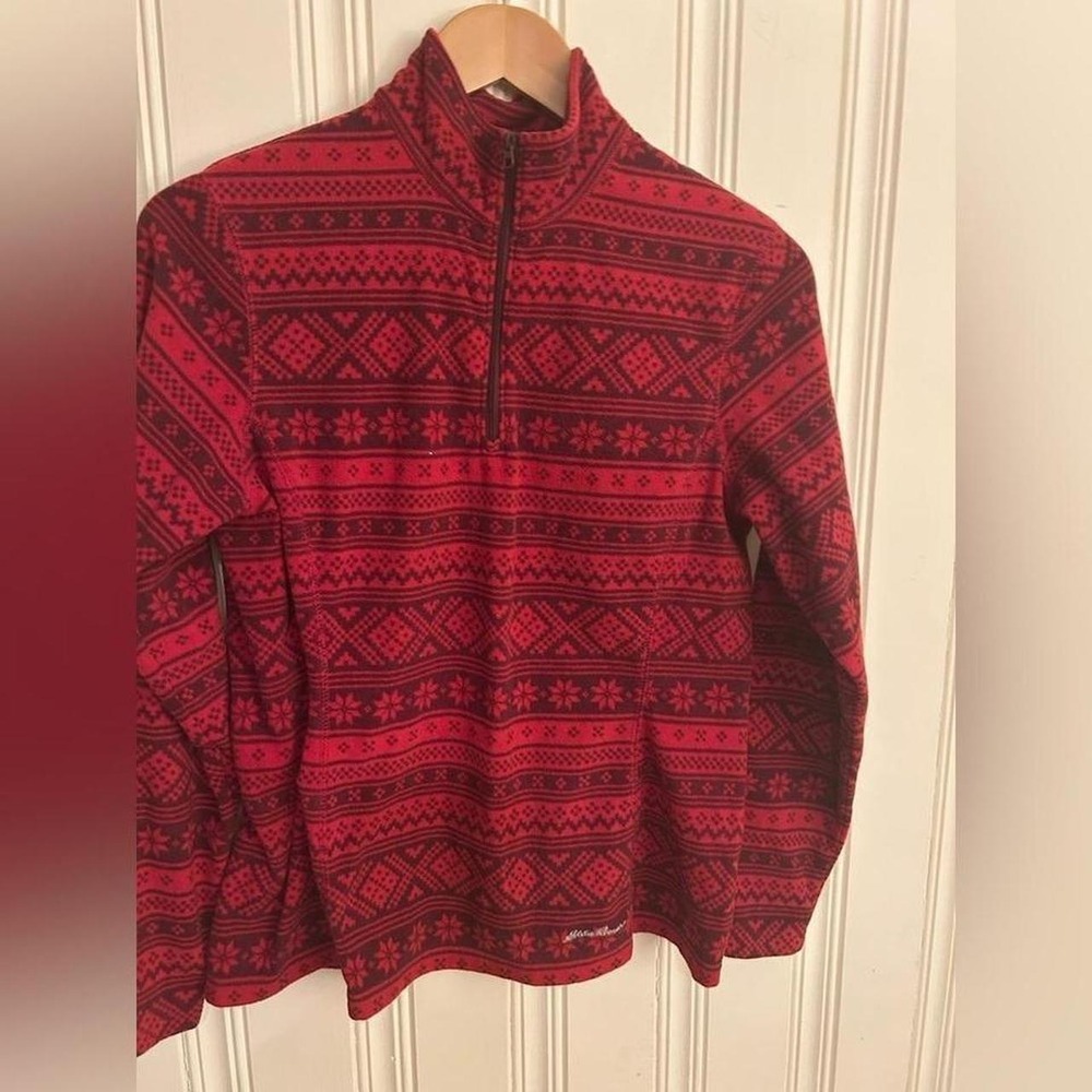 Eddie Bauer Women's S Red Black Fair Isle Fleece 1/4 Zip Pullover Top Snowflake